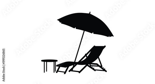 A beach chair and umbrella with a side table