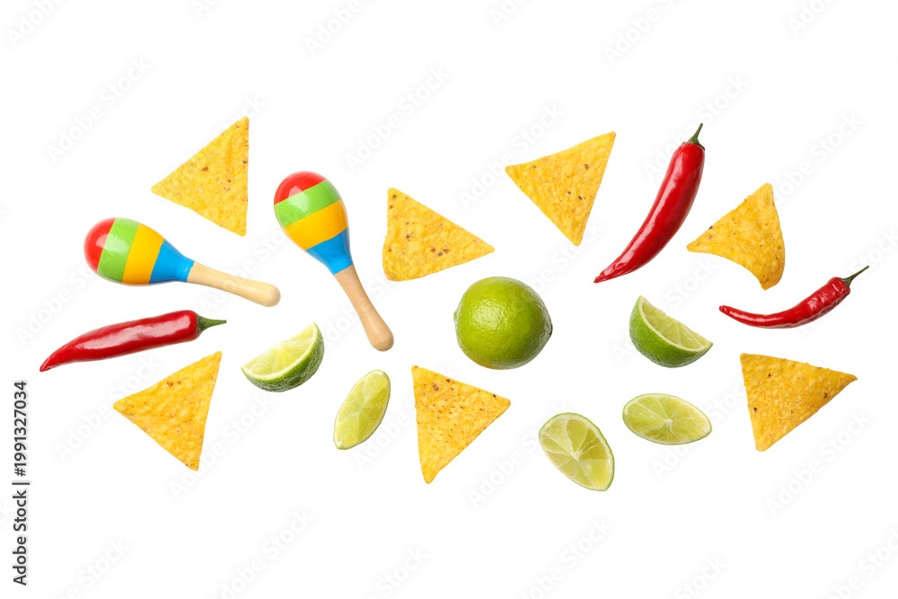 Fototapeta premium Colorful maracas and snacks for a celebration, isolated, PNG