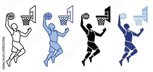 Dynamic basketball player performing slam dunk with hoop, useful for sports app icons or game branding.