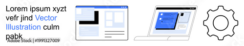 Web development, user interface, settings, technology processes, digital optimization, online tools. Illustration of a browser window, laptop screen and gear. Web development and user interface