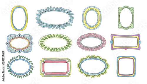 Diverse selection of handdrawn pastel colored frames and borders for enhancing visual projects and personal stationery