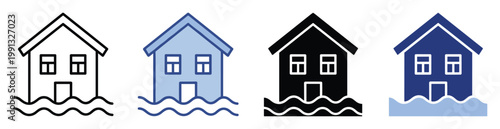 Flooded house icons representing natural disaster, water damage, and emergency situations for public safety warnings