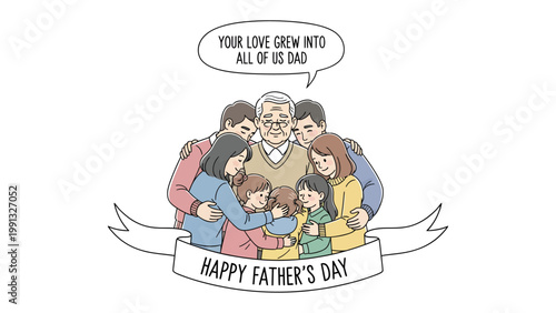 Father's Day Warm Embrace: A tender illustration depicts a multigenerational family, enveloped in a heartfelt embrace, symbolizing the warmth and love on Father's Day. 