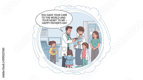 Father's Day in the clinic: A heartfelt depiction of Father's Day within a clinic setting, showcasing a doctor, children and a mother, highlighting the themes of care, support and paternal connection.