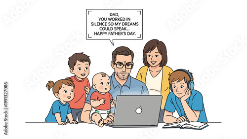 Family Father's Day Illustration: Heartwarming illustration of a family gathered around a laptop on Father's Day, expressing gratitude and celebrating their dad's silent sacrifices.