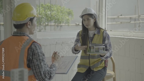 Two construction professionals in safety vests and hard hats discussing plans; female engineer holds a building model while coworker reviews clipboard at an indoor job site.