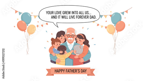 Tribute to the Father: A touching illustration captures the tender embrace of a family around their beloved father on a Father's Day celebration, expressing enduring love and gratitude. 