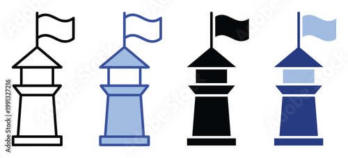 Distinct graphic lighthouse and flag icons for navigation applications and diverse marine industry branding