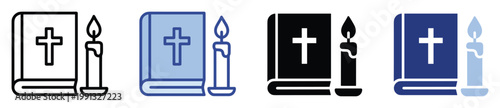 Holy book and illuminated candle iconography depicting Christian faith and devotion for spiritual graphic use