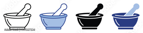 Mortar and pestle symbol set for healthcare, kitchen, and laboratory graphic design projects