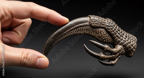 Hand checking the sharp tip of a curved Dromaeosaurid raptor claw fossil, plain charcoal background.