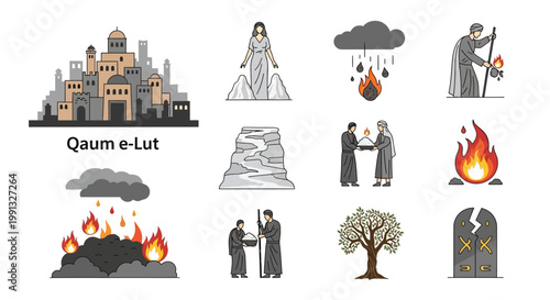 Qaum-e-Lut depicts a historic biblical narrative with artistic legends.