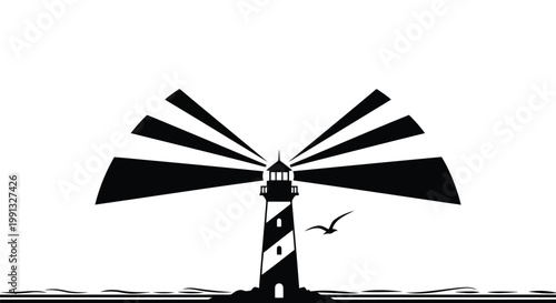 A black and white lighthouse with a bird flying by