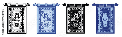 Ancient cultural hanging banner icon with stylized tribal figure and geometric patterns for diverse web and app uses