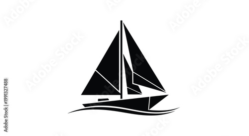 A black and white sailboat on the water