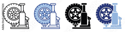 Automotive car wheel and jack symbol for vehicle repair services and roadside assistance applications