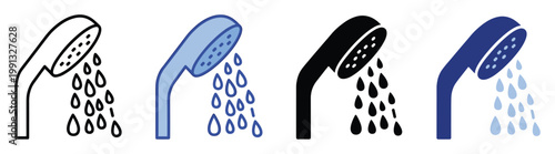Shower head and flowing water drops symbol in various graphic styles for personal hygiene and bathroom related applications