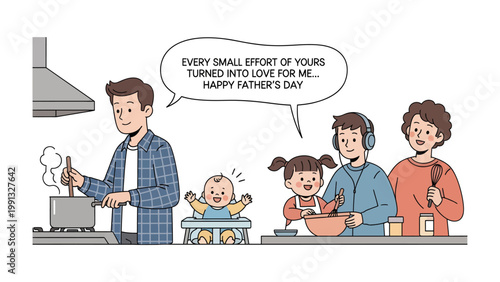 Family's Father's Day: A family is celebrating Father's Day together, in a heartwarming scene showcasing shared love and appreciation, with the father cooking in the kitchen. 