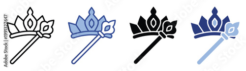 Elegant princess crown and magical scepter icons representing royalty and enchantment for childrens themed invitations and media projects