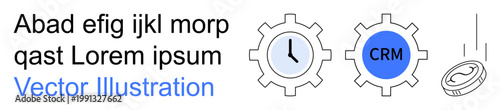 Business management, project planning, CRM systems, time tracking, financial efficiency, strategy development. Gear icons with clock and CRM text, falling coin. Business management and project