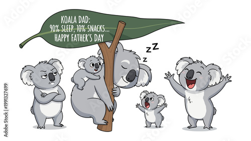 Koala Dad's Day: A charming depiction of a koala family, with the father figure taking a well-deserved nap under a leaf, surrounded by his active offspring, celebrating Father's Day. 