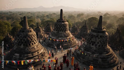 Borobudur Temple Complex at Sunrise with Devotees.