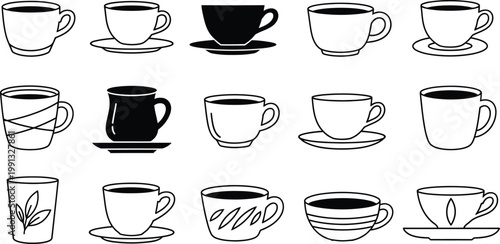 Coffee cups collection black and white editable stroke vector illustration for cafe restaurant and beverage designs