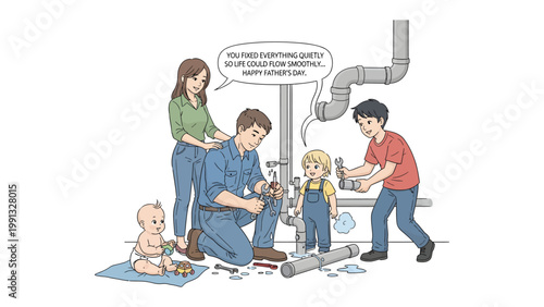 Family Plumbing: A family unites in a moment of teamwork, as a father repairs the plumbing, with his family members lending a helping hand, depicting the family bond in the midst of home maintenance.