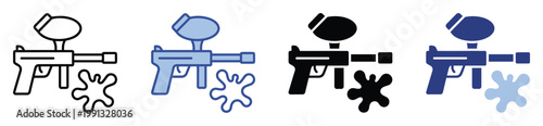 Paintball gun with a vibrant paint splash icon set for competitive sports equipment and recreational activities graphics