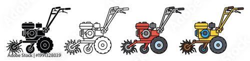 Walkbehind tractor representations for farming and gardening equipment illustrations or agricultural technology advertisements