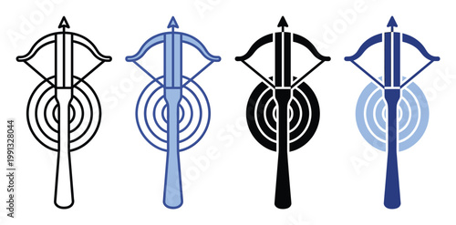 Crossbow weapon with loaded arrow and bullseye target graphic symbol perfect for gaming or sport themes
