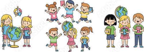 Happy children with globe cartoon set learning geography and world education vector illustration