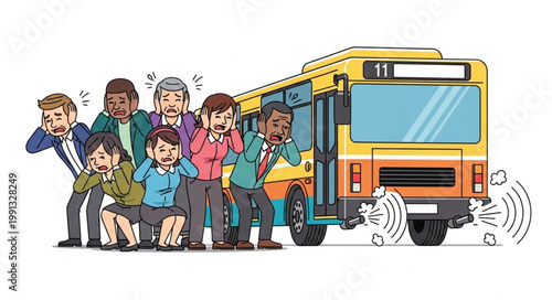 People Covering Noses From Bus Exhaust Fumes.