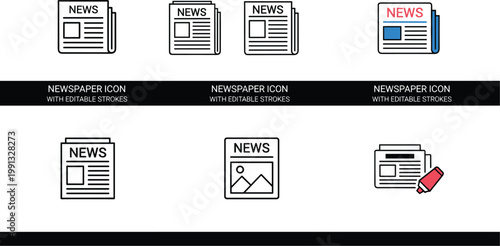 Newspaper news icon set with headline article press media symbols vector illustration collection minimal outline design style