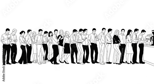 People in a line, waiting, focused on the main subject, black and white.