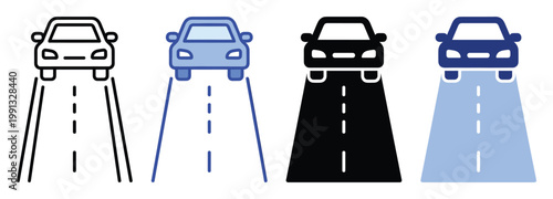 Various styled car on highway icons symbolizing journey and travel for web and mobile interfaces