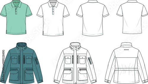 Technical cad drawing flat vector illustration of utility field jacket with cargo pockets and short sleeve polo shirt apparel set