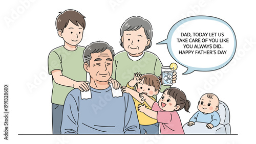 Family Day of Care: A heartwarming scene unfolds as a family showers their elder patriarch with affection and care, symbolizing the essence of support and celebration.