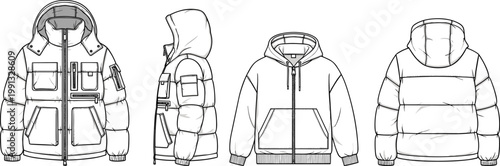 Technical cad drawing flat vector illustration of winter puffer jacket with multiple utility pockets and zip up hoodie sweatshirt set