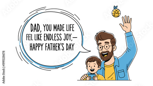 Father's Day joy: A father and son share a heartwarming moment, with a joyous message celebrating the special bond between them.