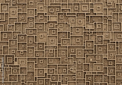 Geometric pattern of nested squares, textured beige, abstract, repeating design.