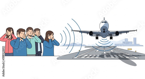People covering ears from loud airplane noise on runway.