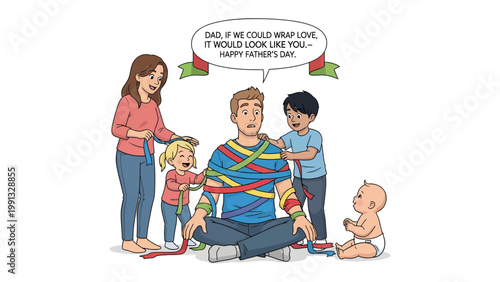 Father's Day Wrapped in Love: A heartwarming illustration shows a father figure embraced by the love of his family as they playfully wrap him with colorful streamers. Symbolizing a bond.