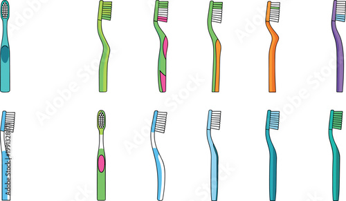 Colorful manual toothbrush collection with various handle designs for oral hygiene, dental care, and daily cleaning routine illustration set