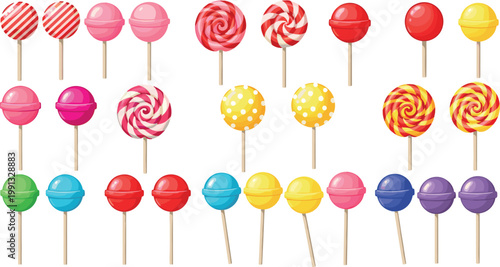 Colorful lollipop candy collection with various shapes and patterns, sweet dessert treats set isolated vector illustration