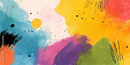 An artistic abstract watercolor background featuring colorful paint brush strokes and ink splashes on a grunge paper texture with a vibrant rainbow pattern of pink and yellow stains