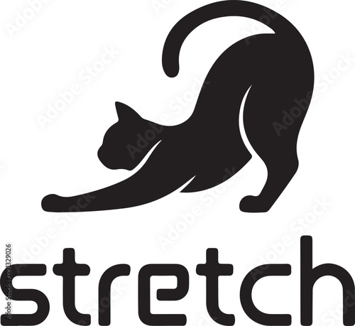 Black cat stretching with word stretch white animal