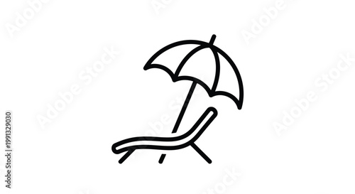 A black line drawing of a lounge chair with umbrella