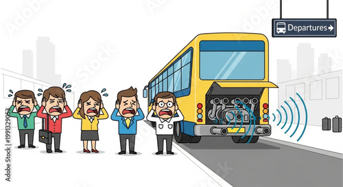 People covering ears from loud bus engine noise pollution.