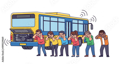 People covering ears from loud bus engine noise.